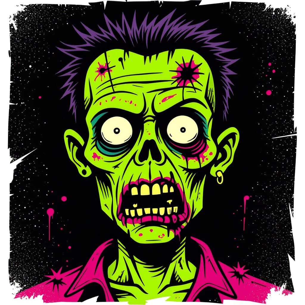 Punk Zombie Head Illustration in Banksy Style