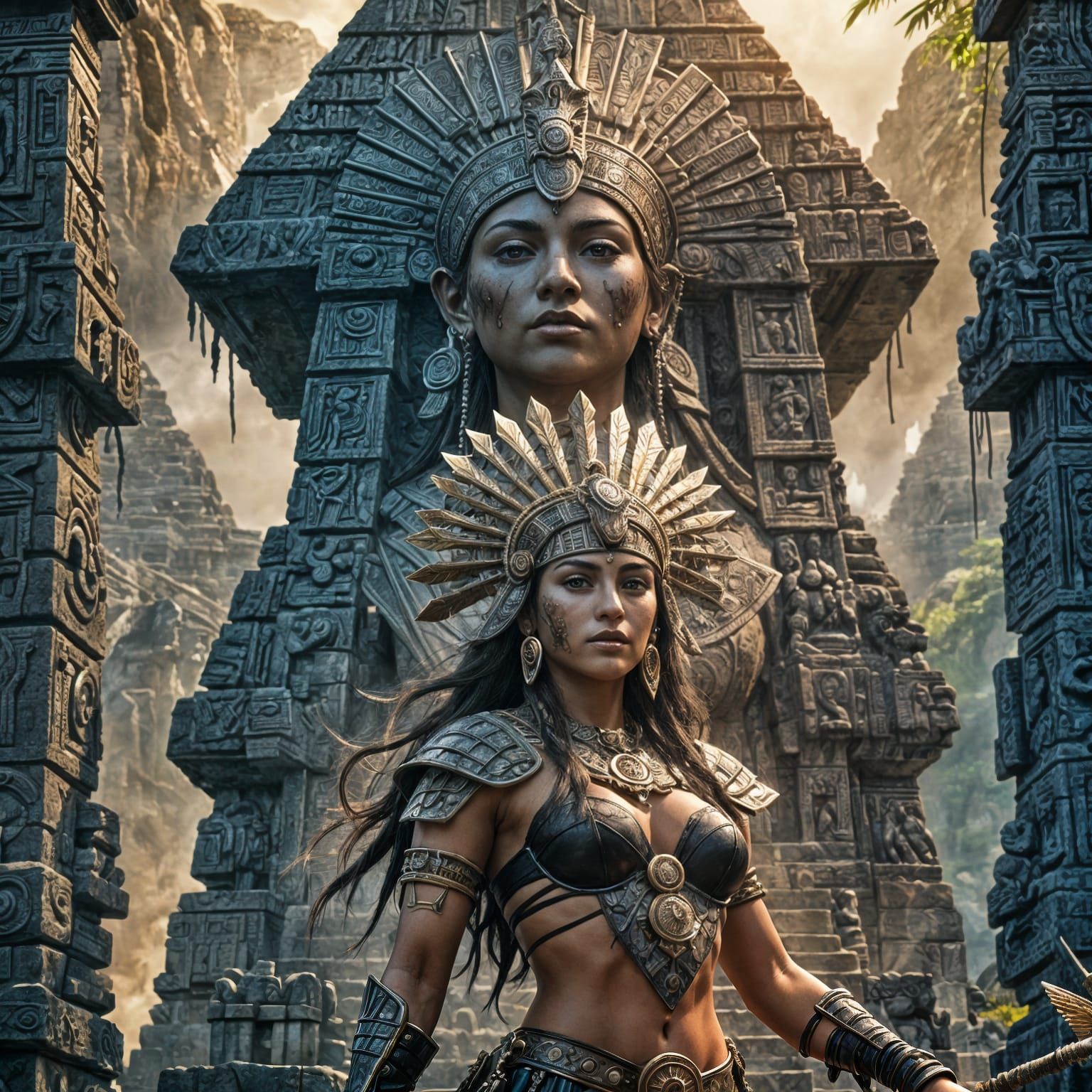 Aztec Warrior Woman Before Grand Pyramid, Detailed Matte Pai...