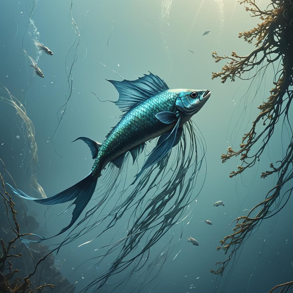 Iridescent Flying Fish Soaring in Dreamlike Ocean