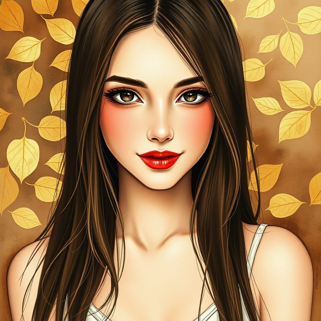 Watercolor Woman with Gold Leaf in Art Nouveau Style