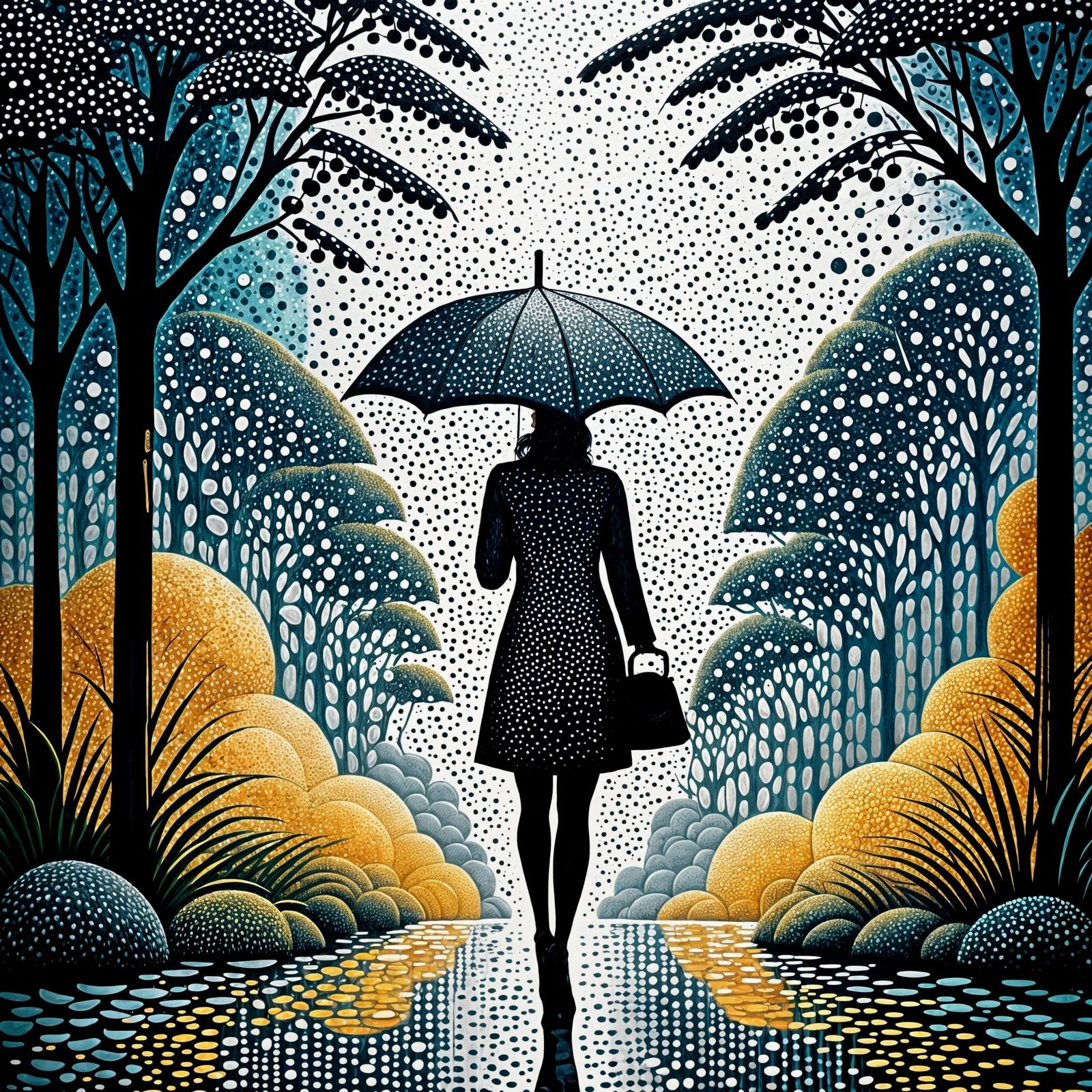 Rainy Scene with Girl in Pointillist Style