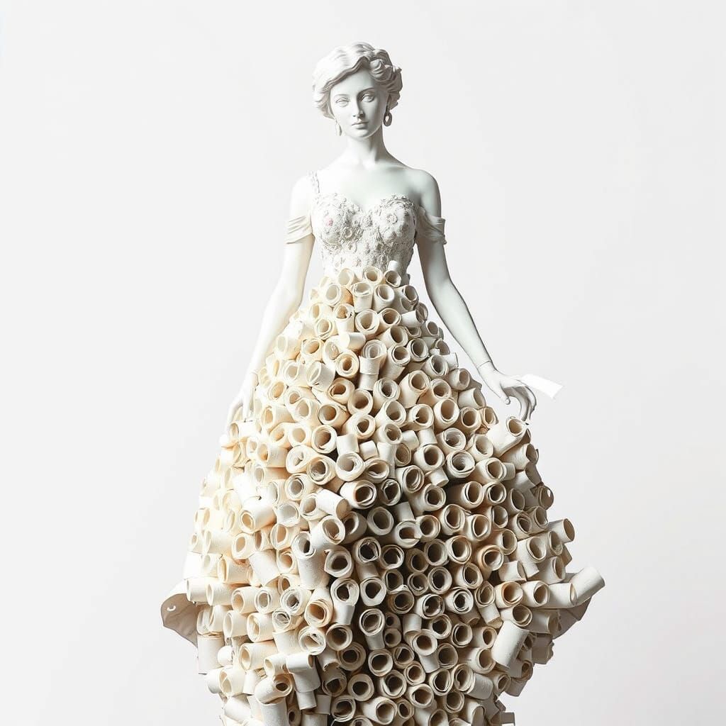 Hyperrealistic Toilet Paper Gown Statue in Surreal Pop Art S...