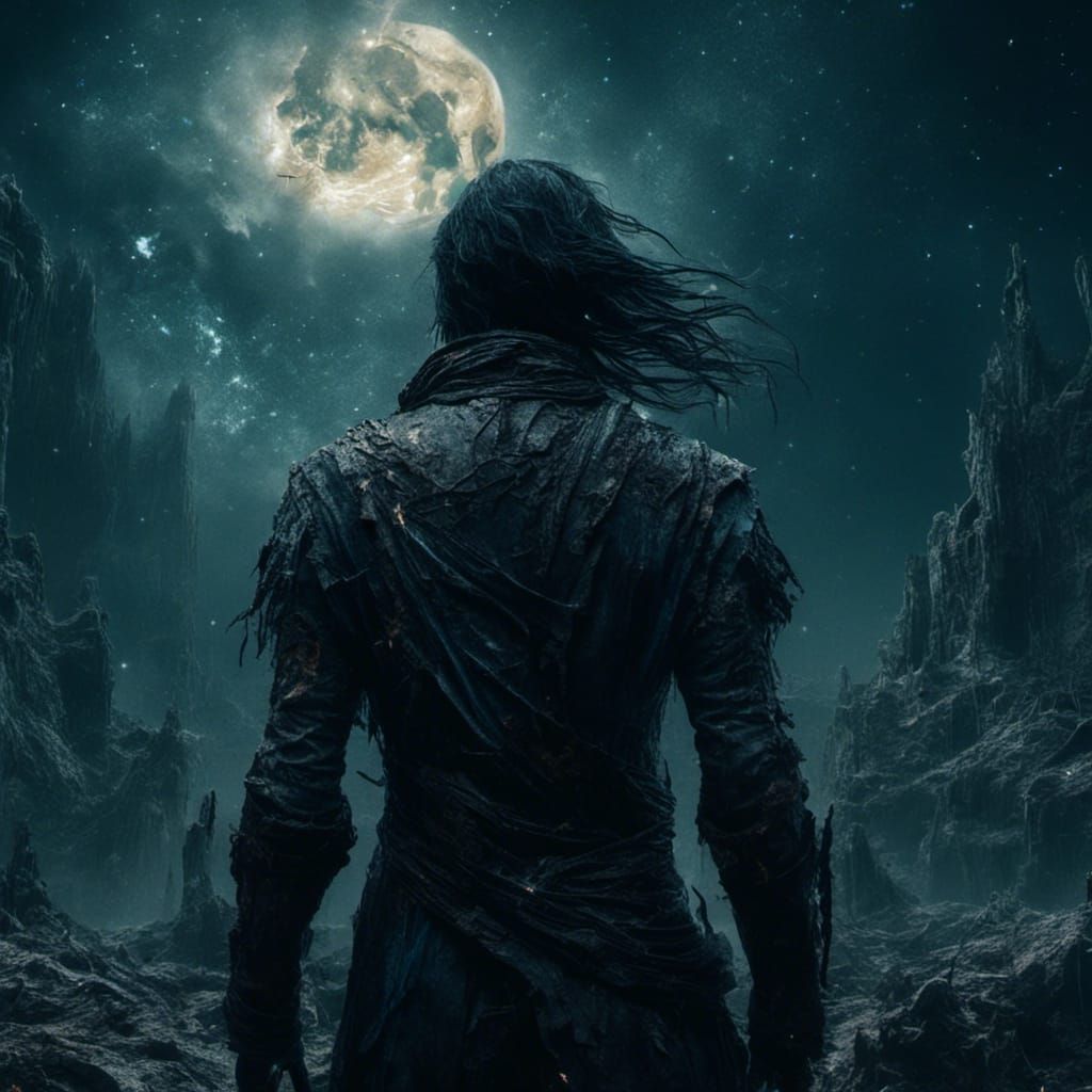 Blue Man Gazing at Night Sky in Dark Fantasy Art