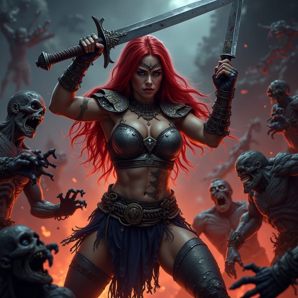 Red Sonja Fights Zombies: Hyperrealistic Barbarian Hero
