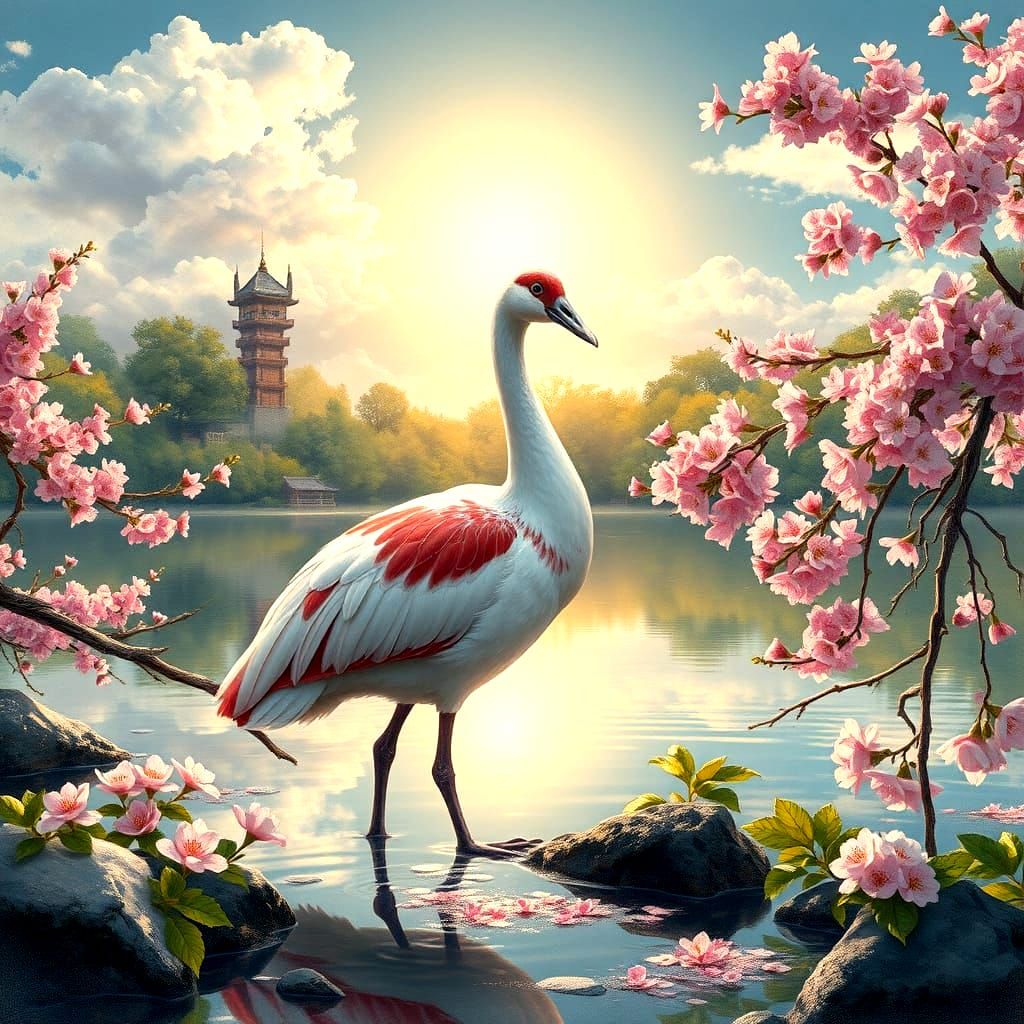 Peacock in Cherry Blossoms, Japanese Landscape