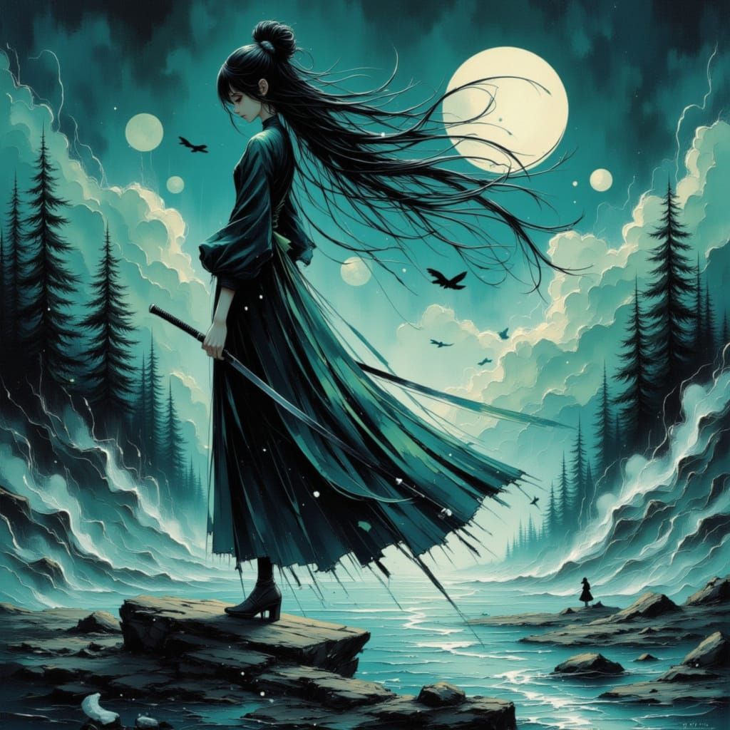 Mysterious Kunoichi in Dynamic Moonlight Scene