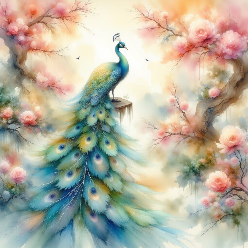 <lora:Ink Wash Paint:1.0>
Japanese peacock painting, etherea...