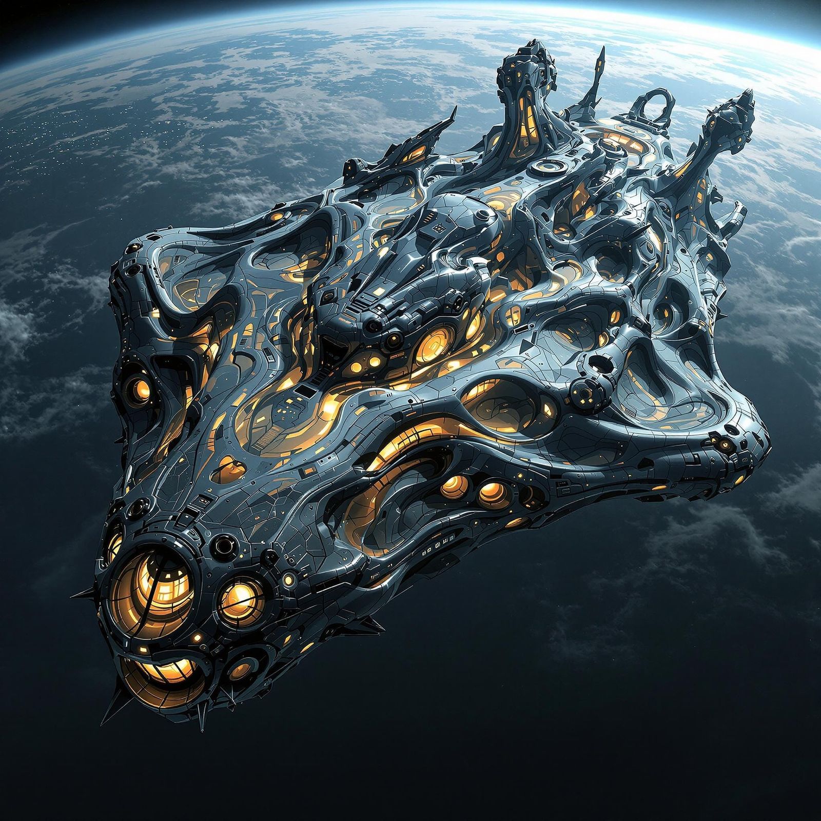 Cosmic Leviathan: Alien Spaceship with Swirling Patterns and...