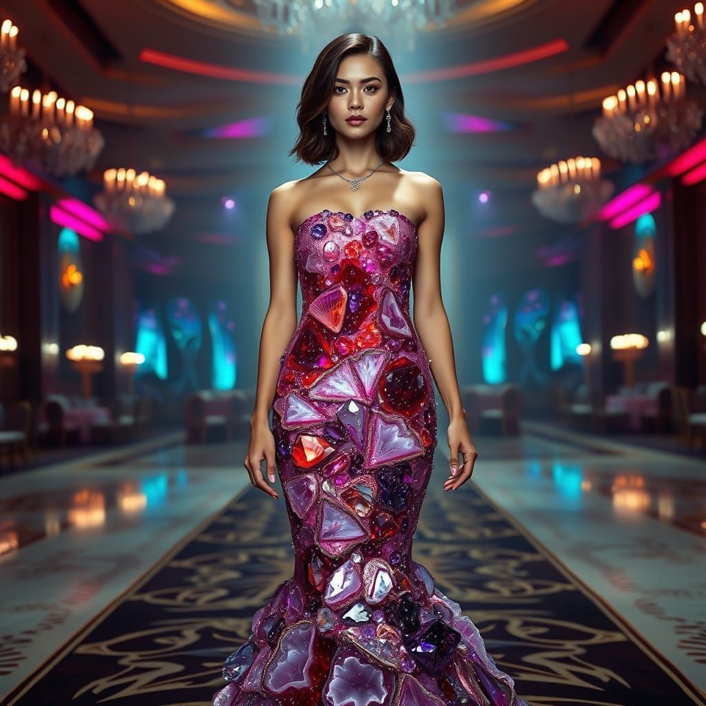 Hyperrealistic Woman in Crystal Geode Ball Gown with Matchin...