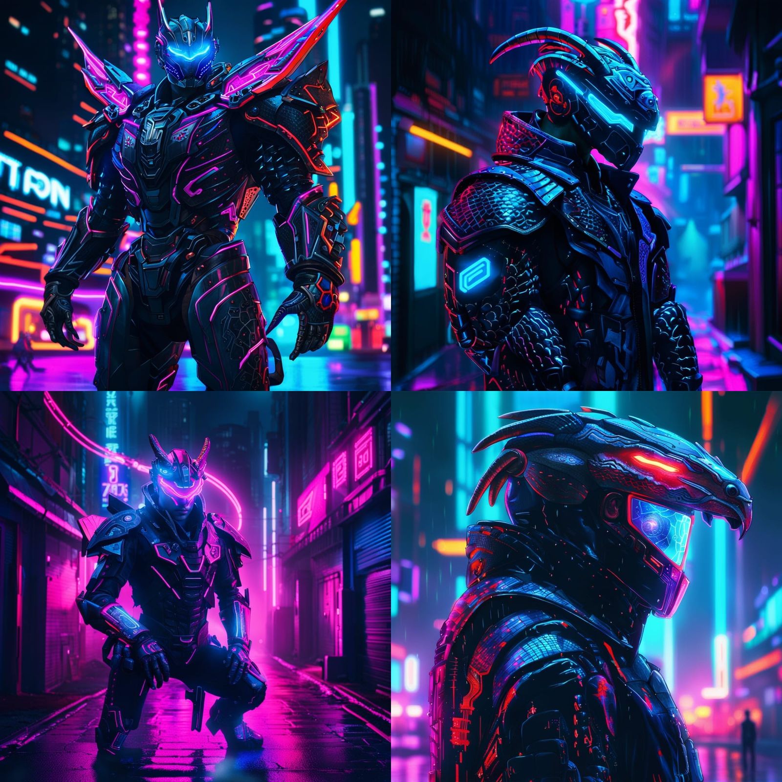 Cyberknight with Dragon in Cyberpunk Neon Style