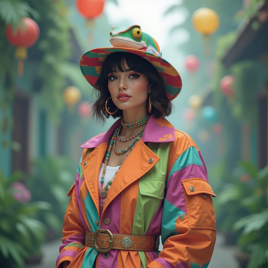 Eclectic 80s Chameleon in Dreamlike Pop Art