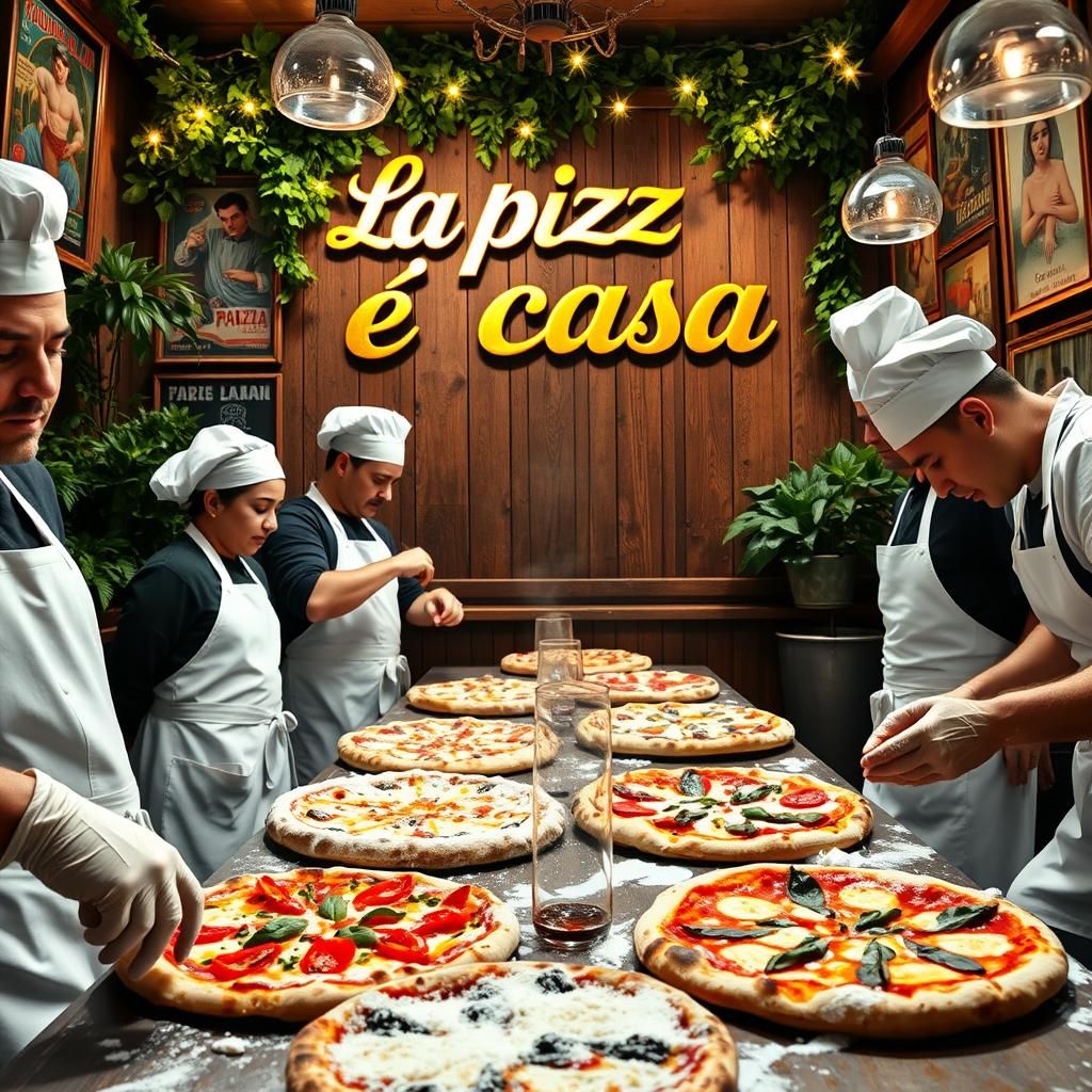 Bustling Pizzeria Scene with Italian Chefs and Pizzas