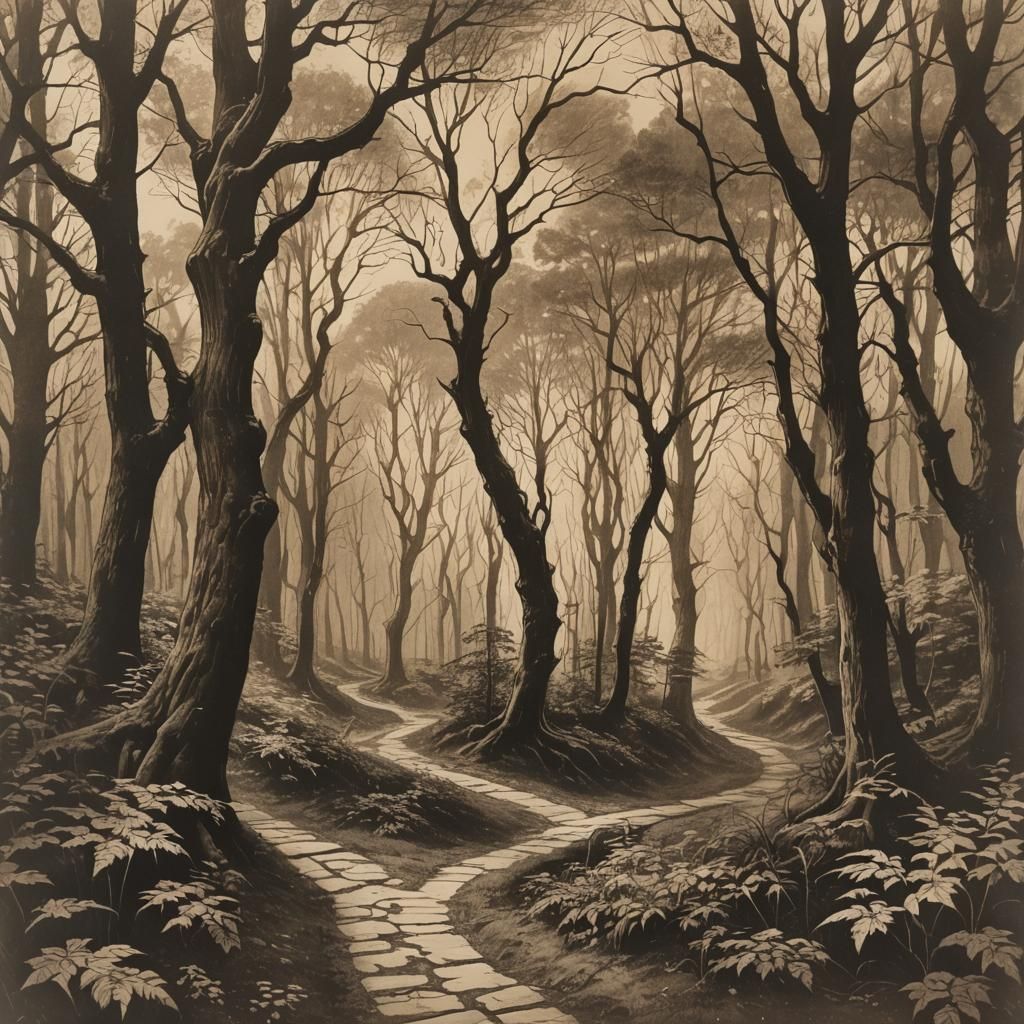 Enchanted Forest Path in Sepia Lithograph Style