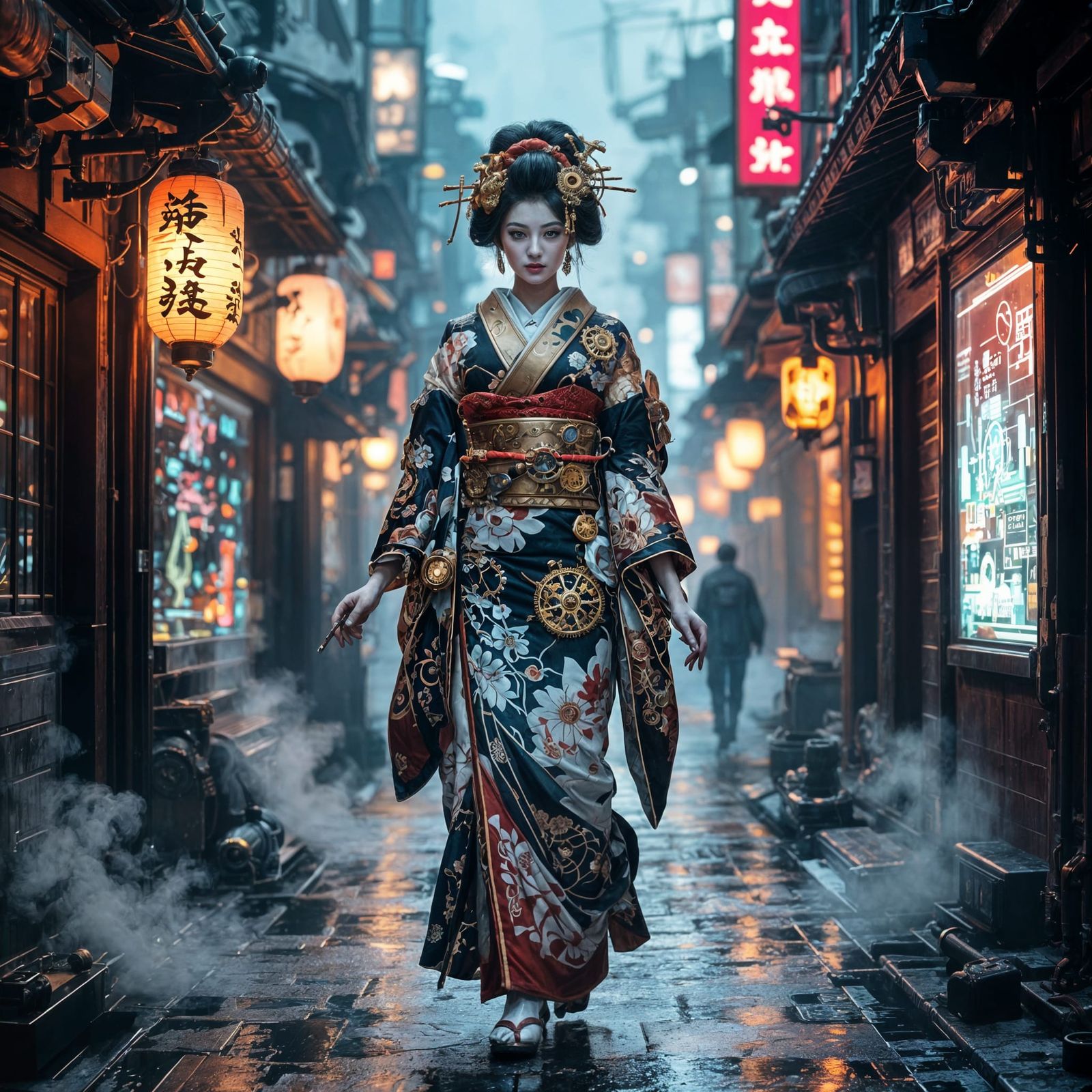 An elegant Geisha, adorned in a steampunk-inspired kimono with intricate brass gears and clockwork motifs, walks through...