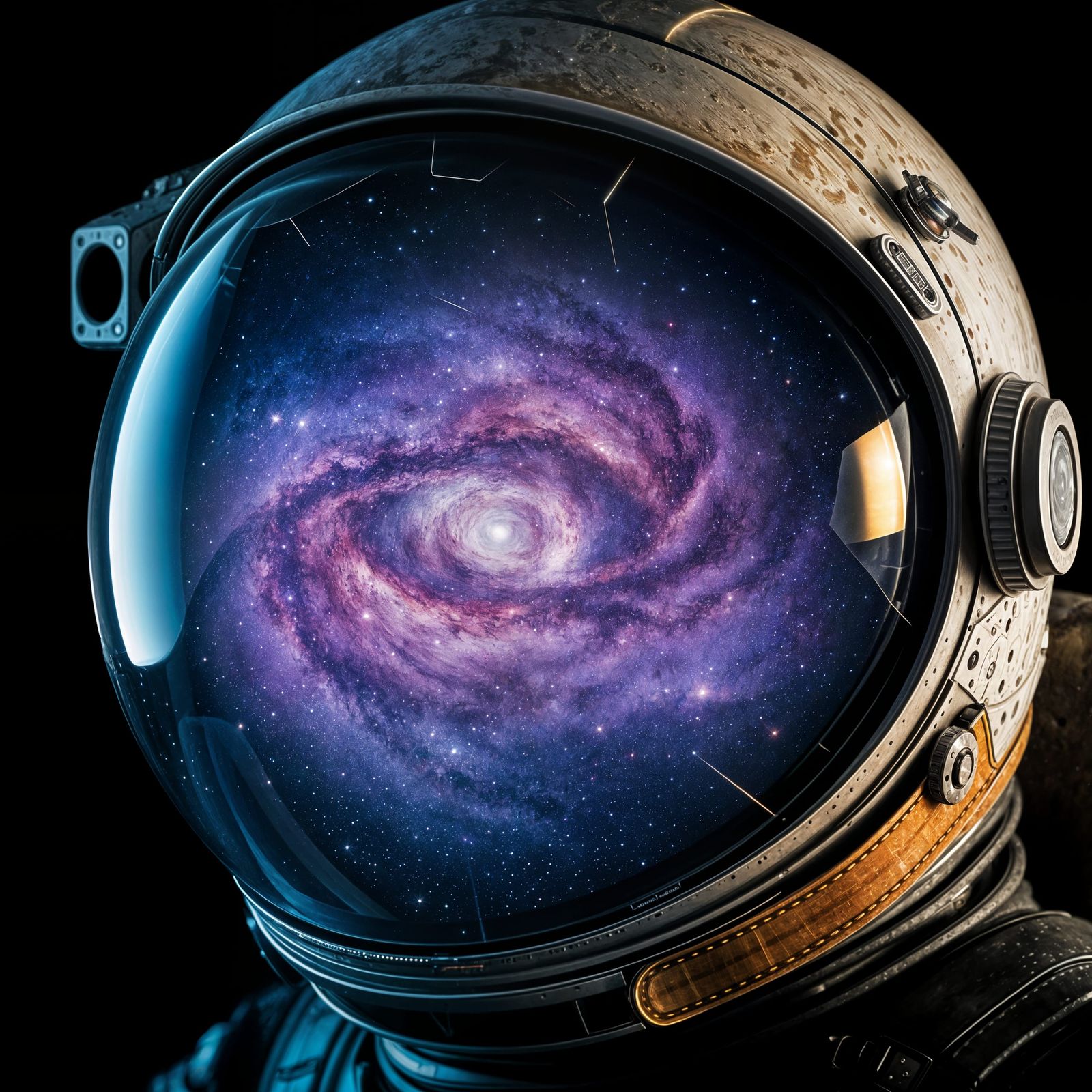 Cosmic Vistas Within Astronaut's Weathered Helmet