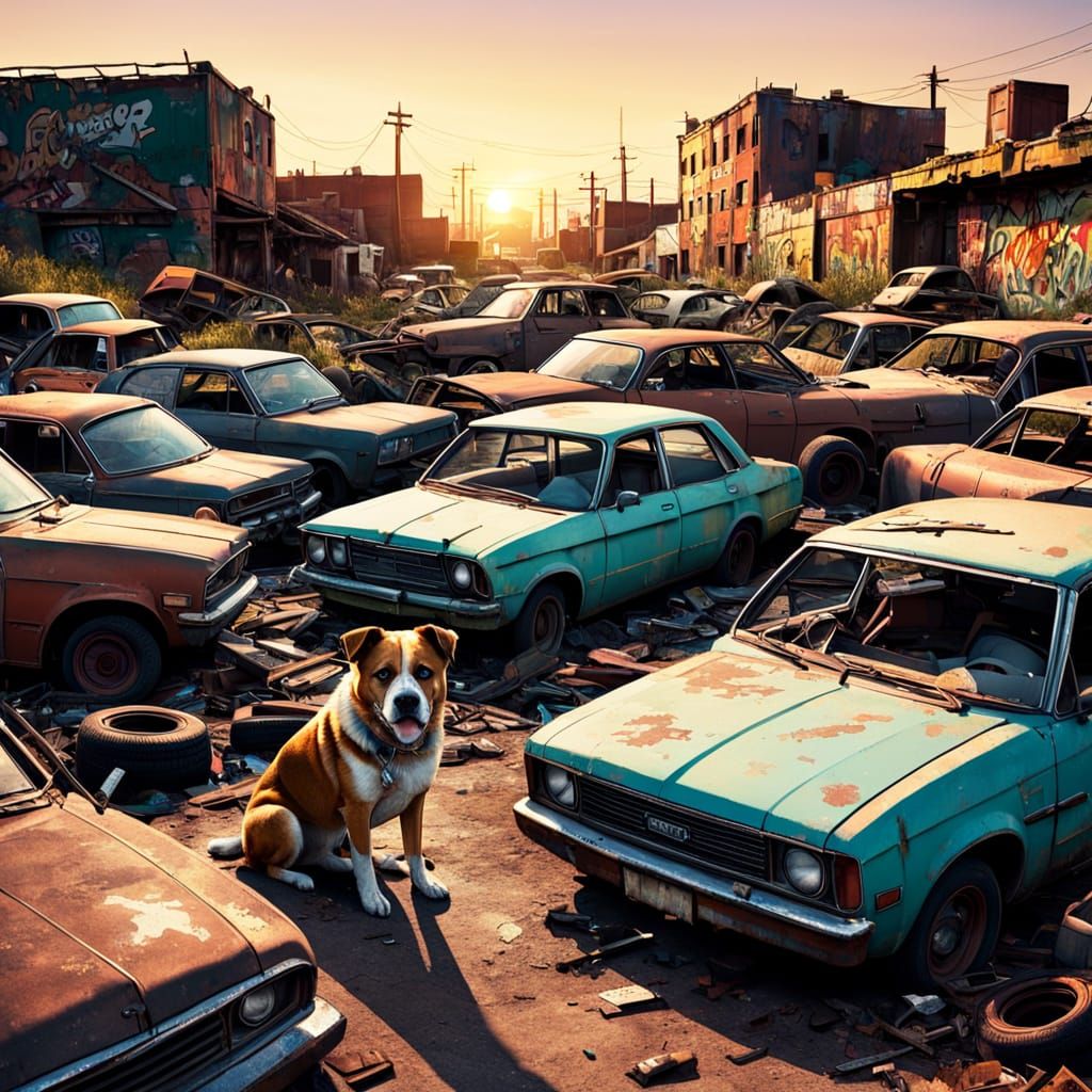 A 1980s car junk yard with a guard dog.