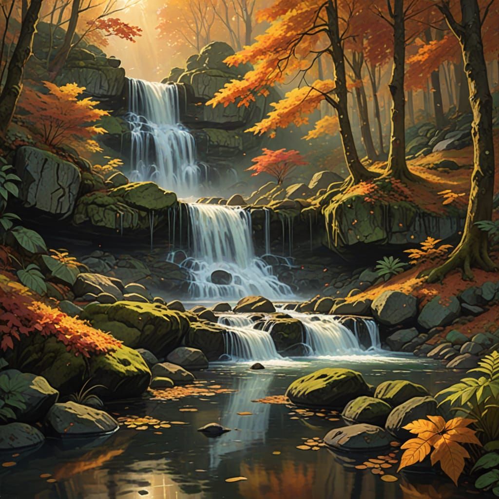Majestic Autumn Waterfall in Golden Hour Concept Art