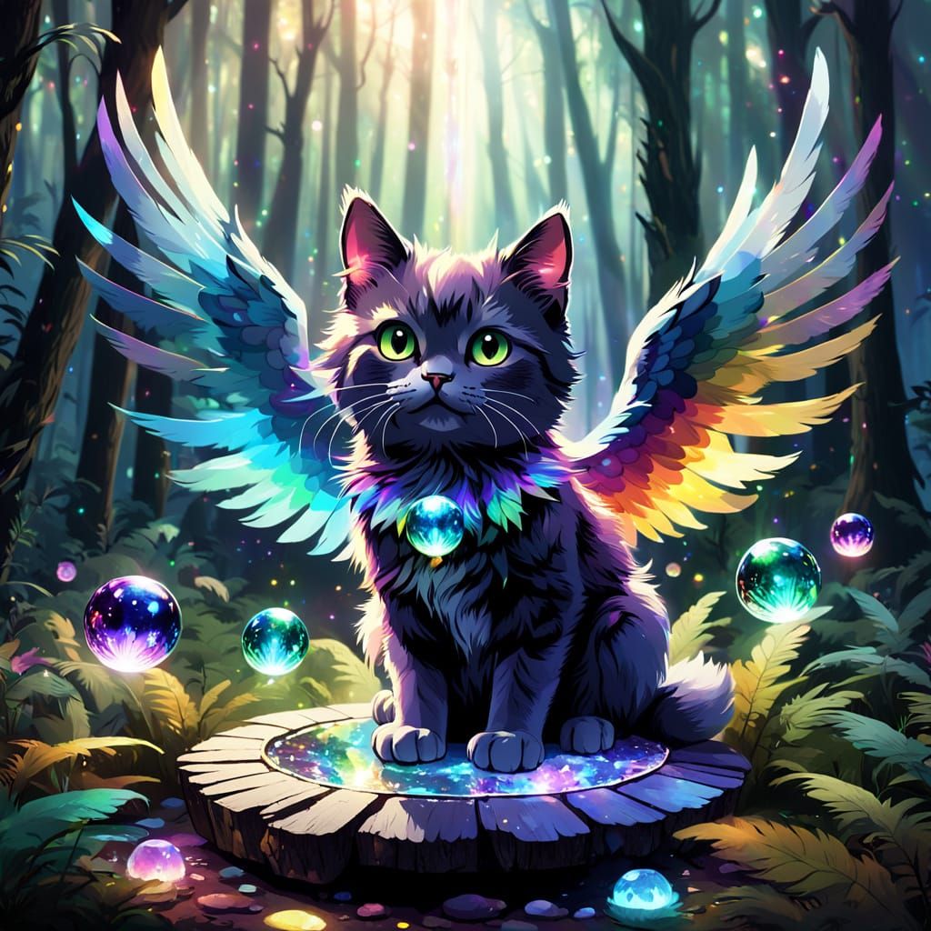 Rainbow Winged Cat on Crystal in Magical Forest