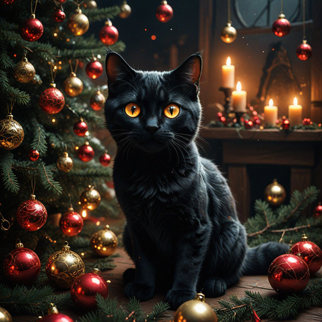 Sinister Feline Illuminated in Dark Fantasy Christmas Scene