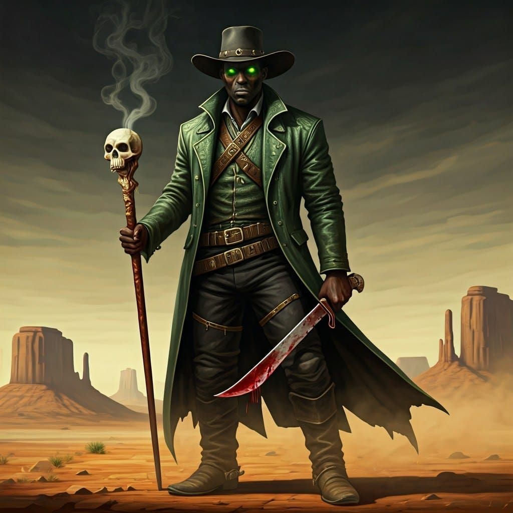 Gritty Voodoo Sorcerer in Desert Landscape