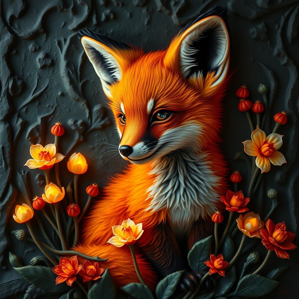 Surreal Macabre Landscape with Embossed Baby Fox and Biolumi...