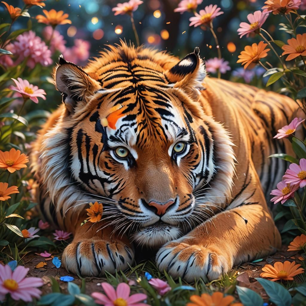 Cute Tiger in Flower Garden, Digital Art