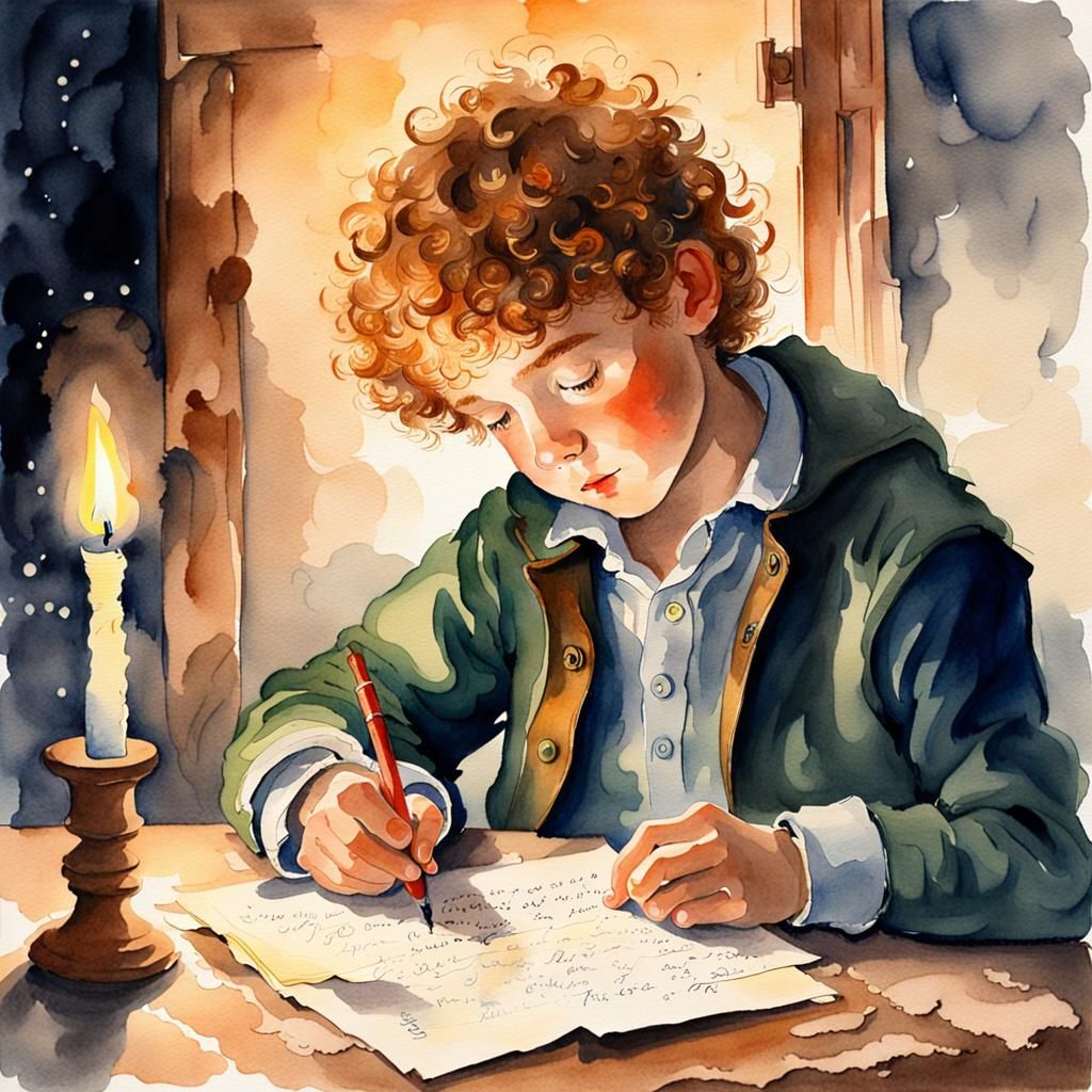Boy Writing Letter by Candlelight in Watercolor