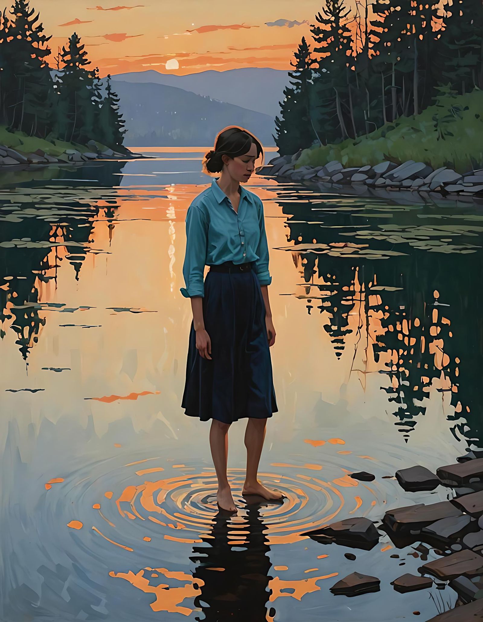 Poetic Realism Water Scene in Impressionist Style