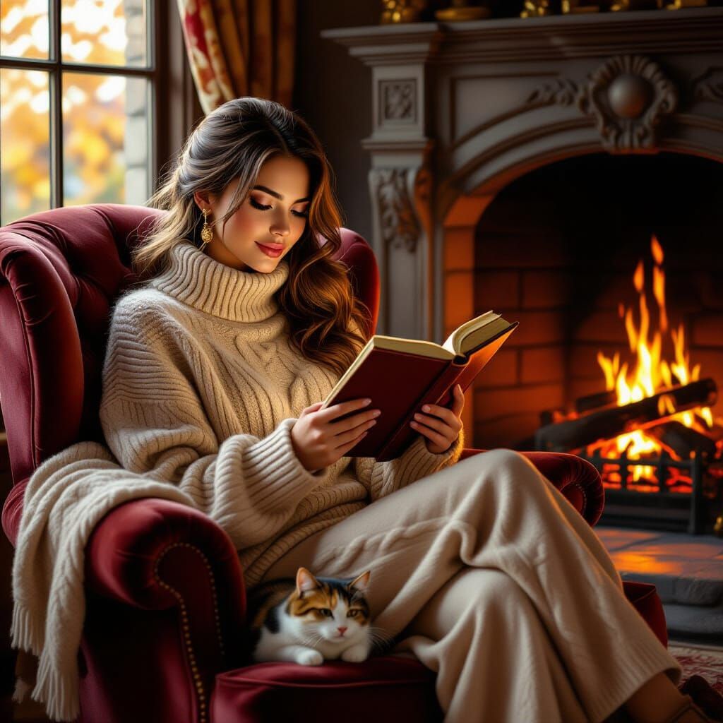 Cozy Autumn Reading Scene in Oil Painting Style