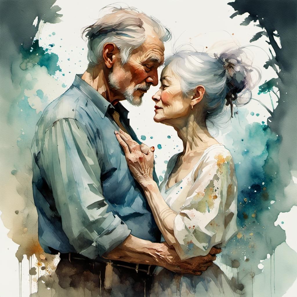 Lovely Old Couple in Watercolor Style