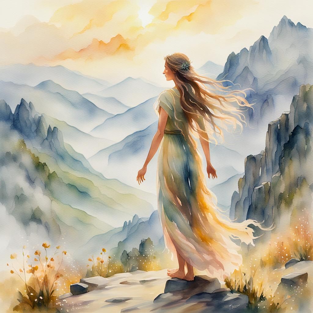Ethereal Fairy in Mountain View as Watercolor Painting