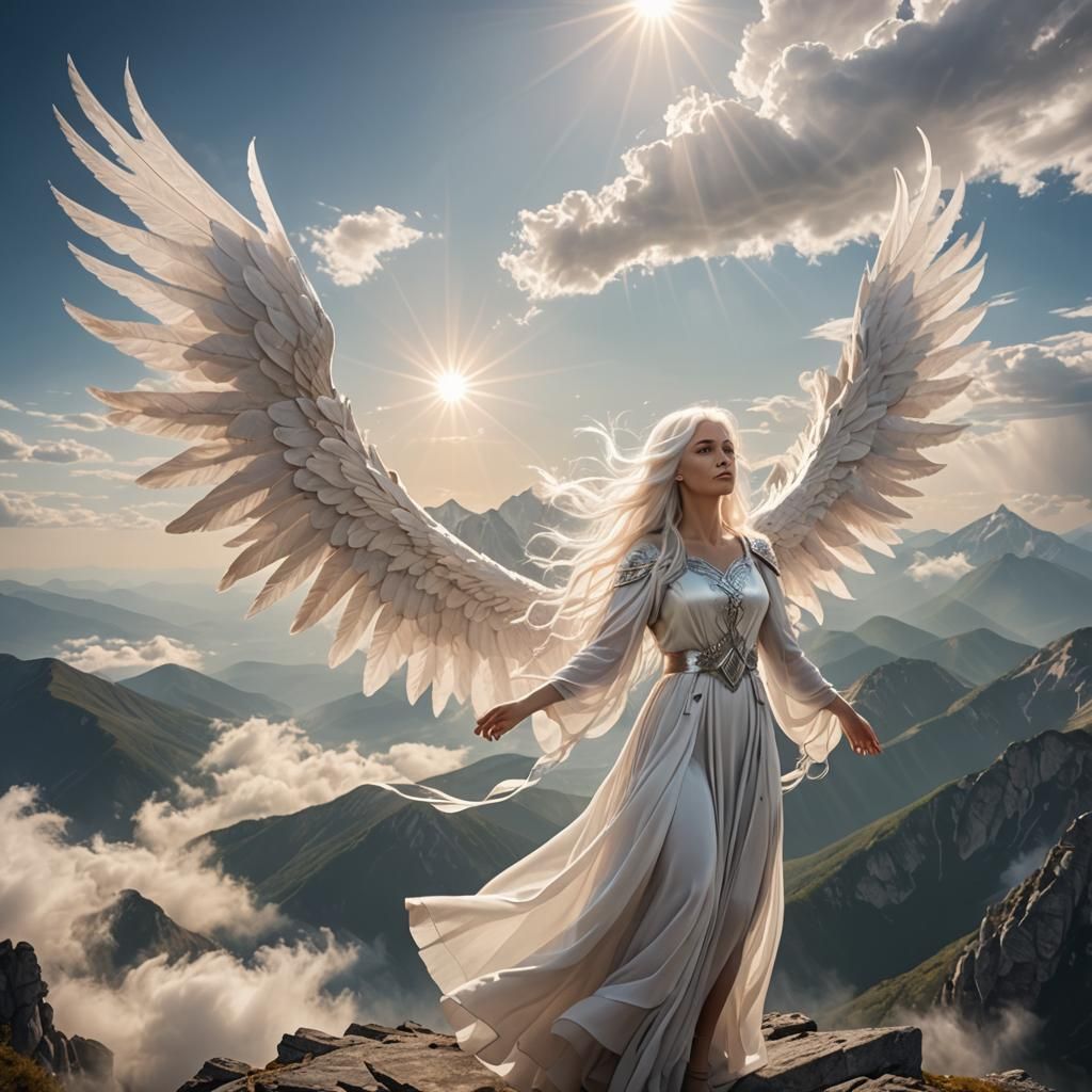 Winged Woman Manipulates Clouds on Mountain Peak