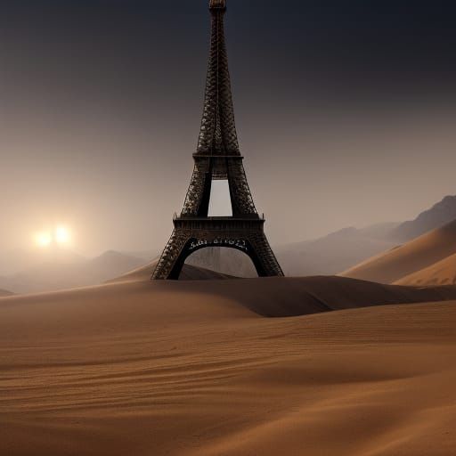 Ruined Eiffel Tower in Sandy Wasteland
