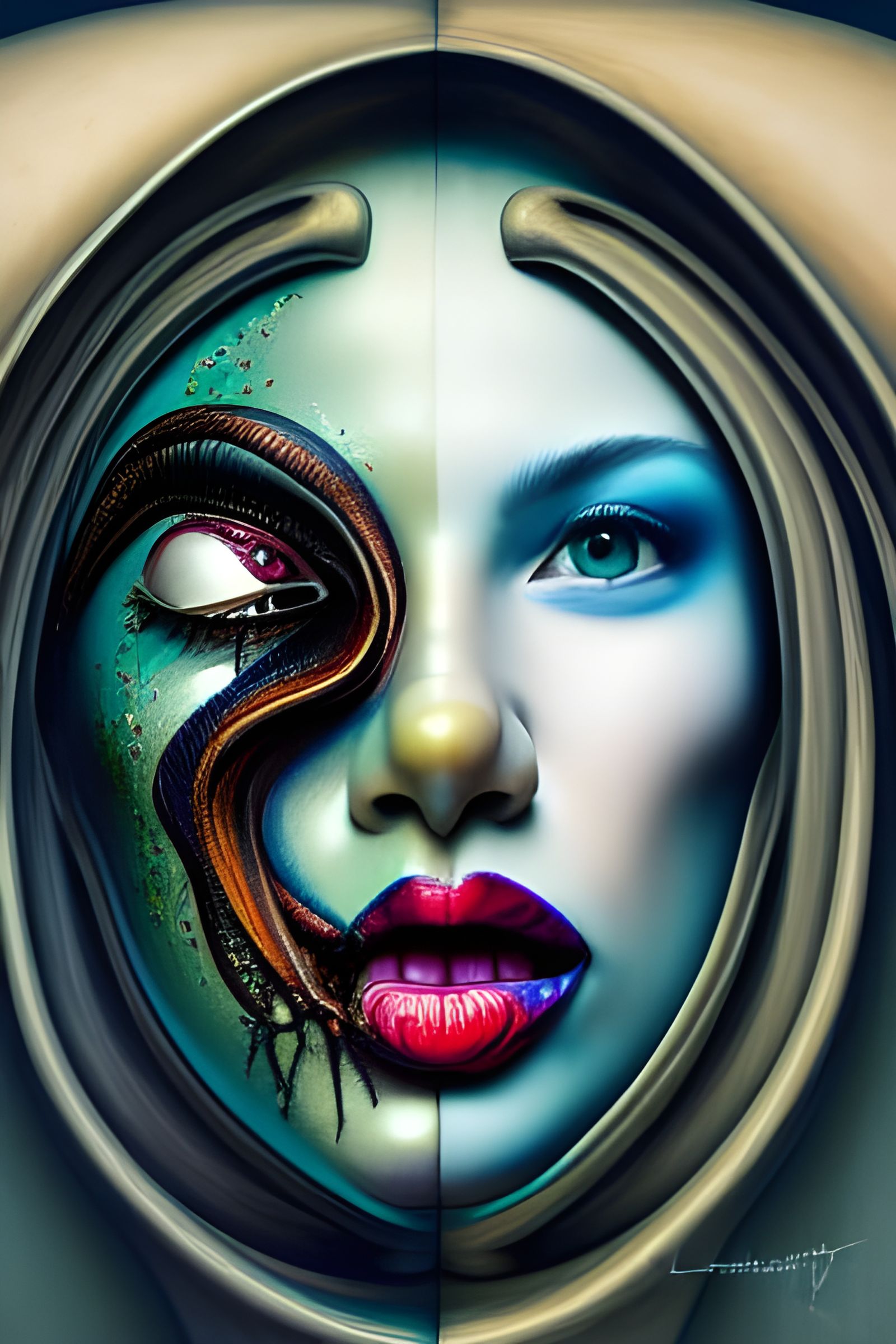 Hyperrealistic Portrait with Silver and Green Coloring