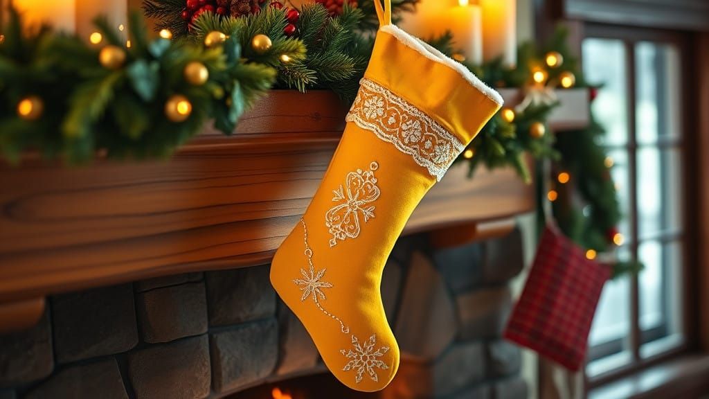 Vibrant Winter Stocking on Rustic Fireplace Mantel