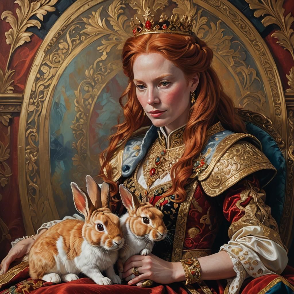 Red-Headed Queen with Rabbit: Vibrant Oil Painting