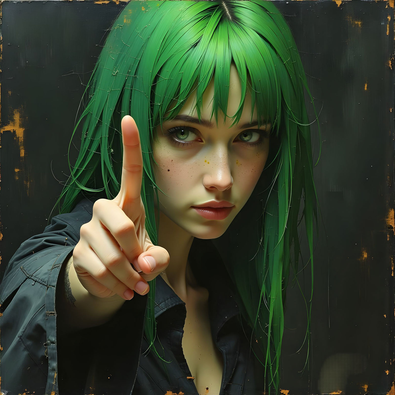 Fantasy Oil Painting of Woman With Green Hair and One Finger...