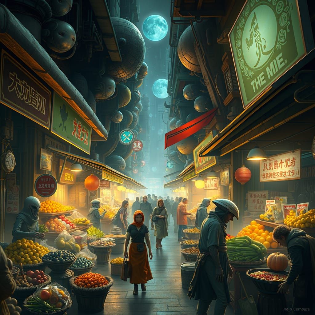 Alien Merchants Selling Exotic Goods on Crowded Street