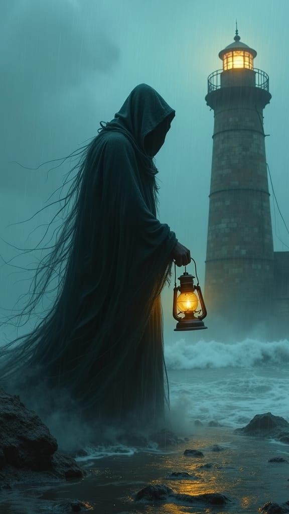 Ethereal Figure Guides Lantern to Ruined Lighthouse