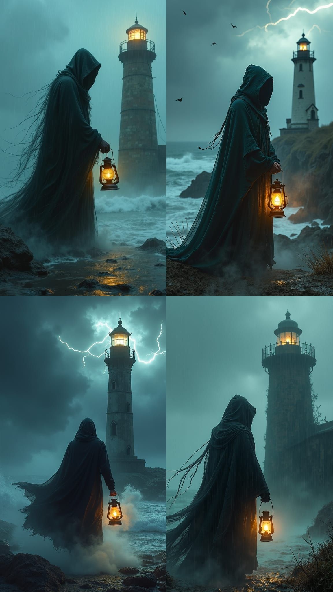 Misty Figure with Lantern Approaching Lighthouse