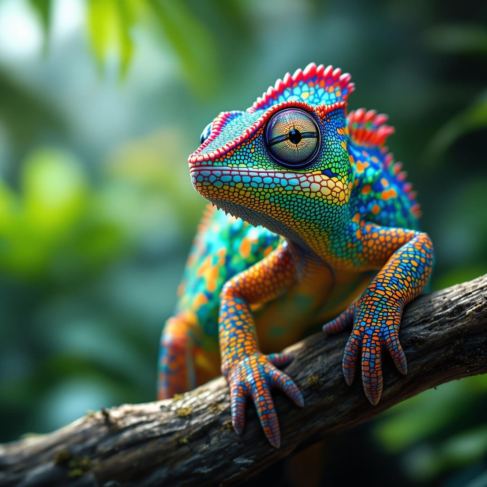 Vibrant Iridescent Chameleon Perched on Tropical Branch in F...