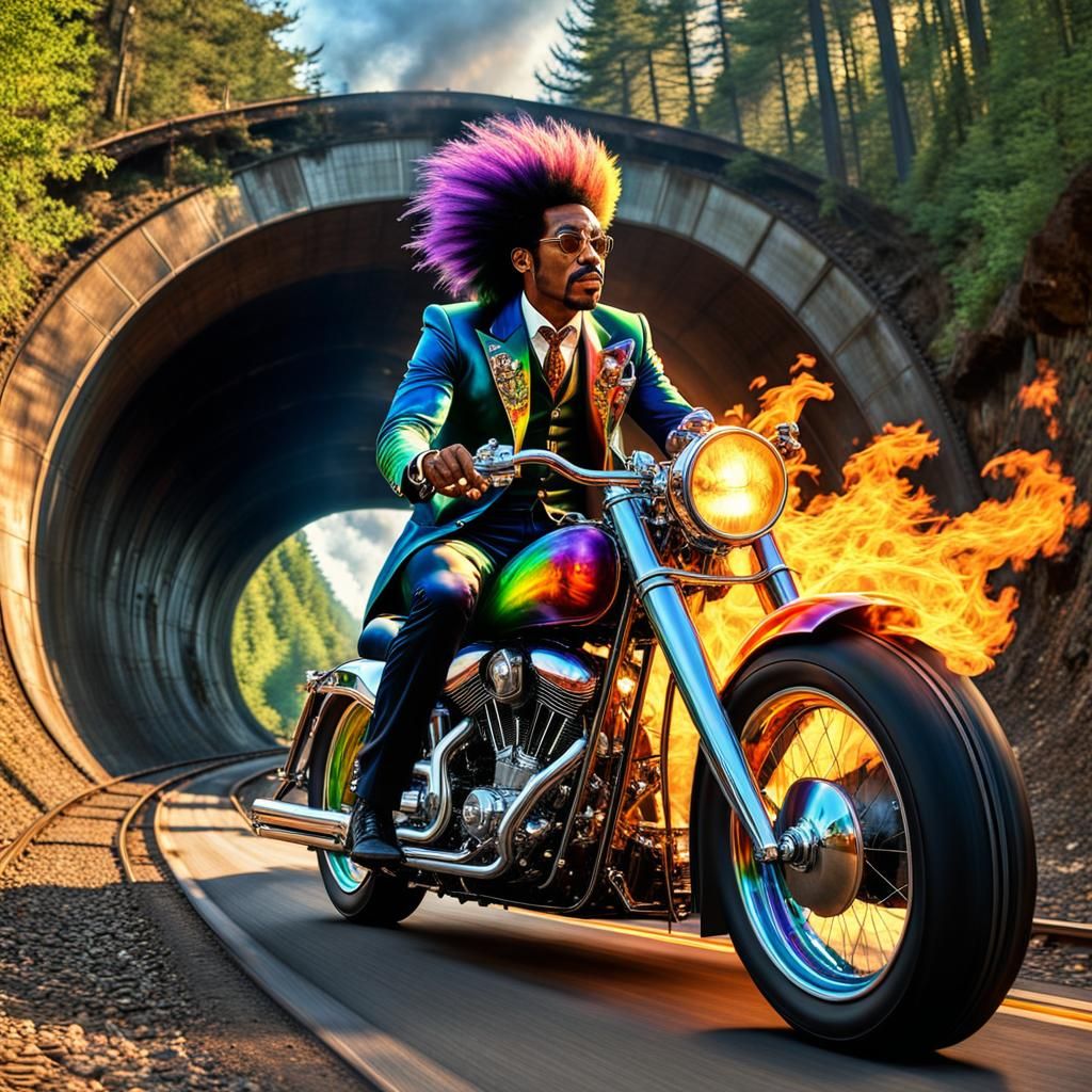 Young Jimi Hendrix rainbow snake hair riding steampunk motor...