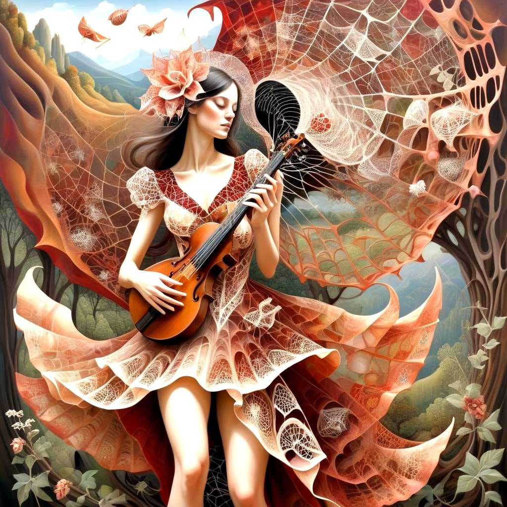 Surreal Musician in Cubist Web Dress, Expressionist Painting