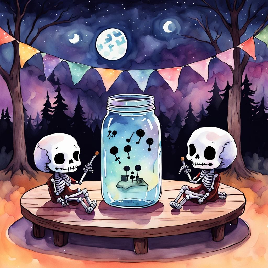 Chibi Skeletons Serenade in Watercolor Mason Jar