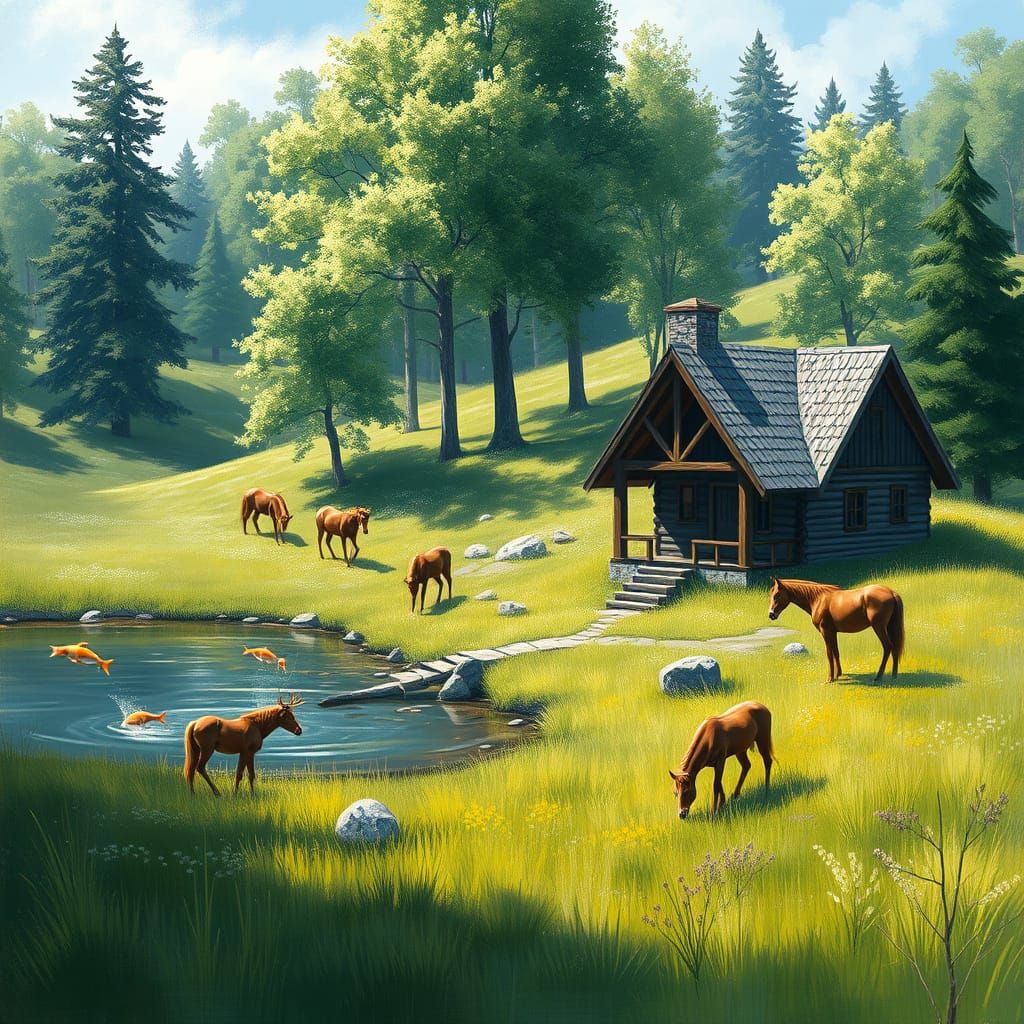 Peaceful Cabin Scene with Horses, Fish, and Deer