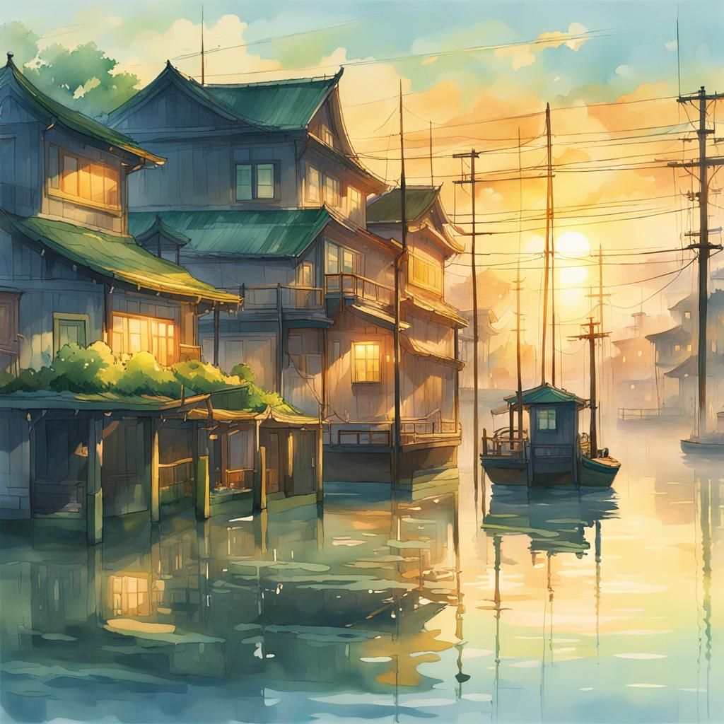 Majestic Watercolor-Inspired Town Radiant at Dawn