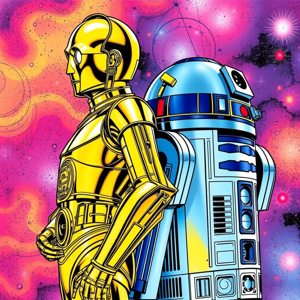 C3PO and R2D2 Comic Book Illustration