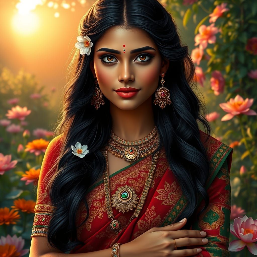 Serene Indian Woman in Vibrant Garden with Intricate Jewelry...