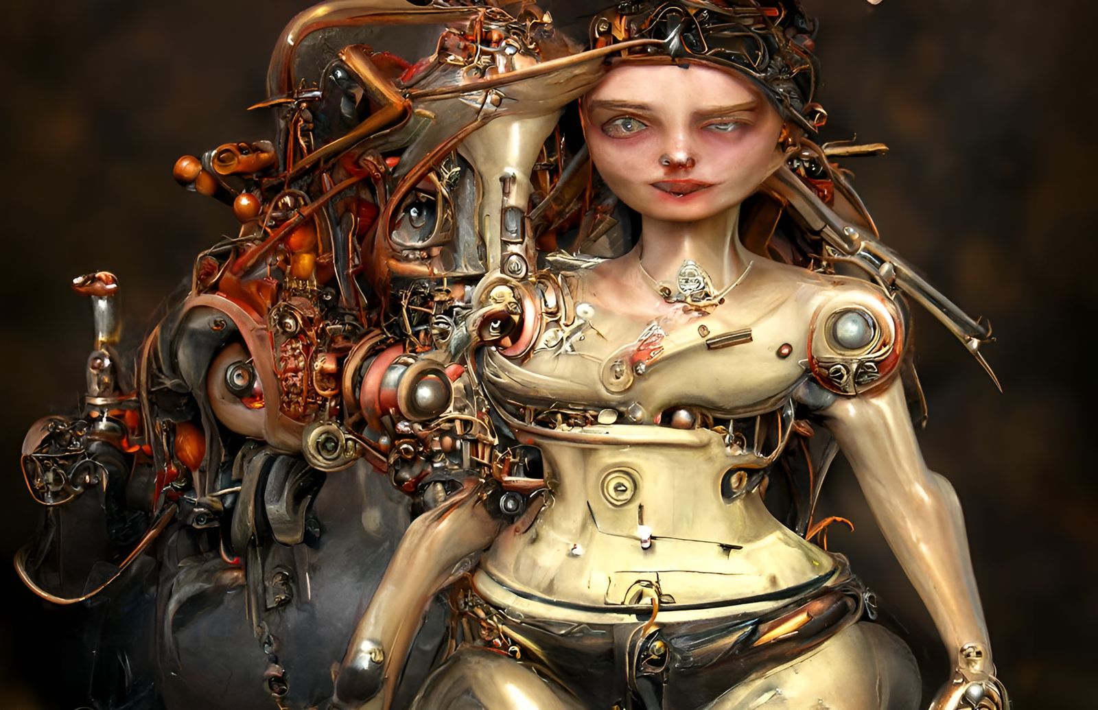 Clockwork woman standing on forest path