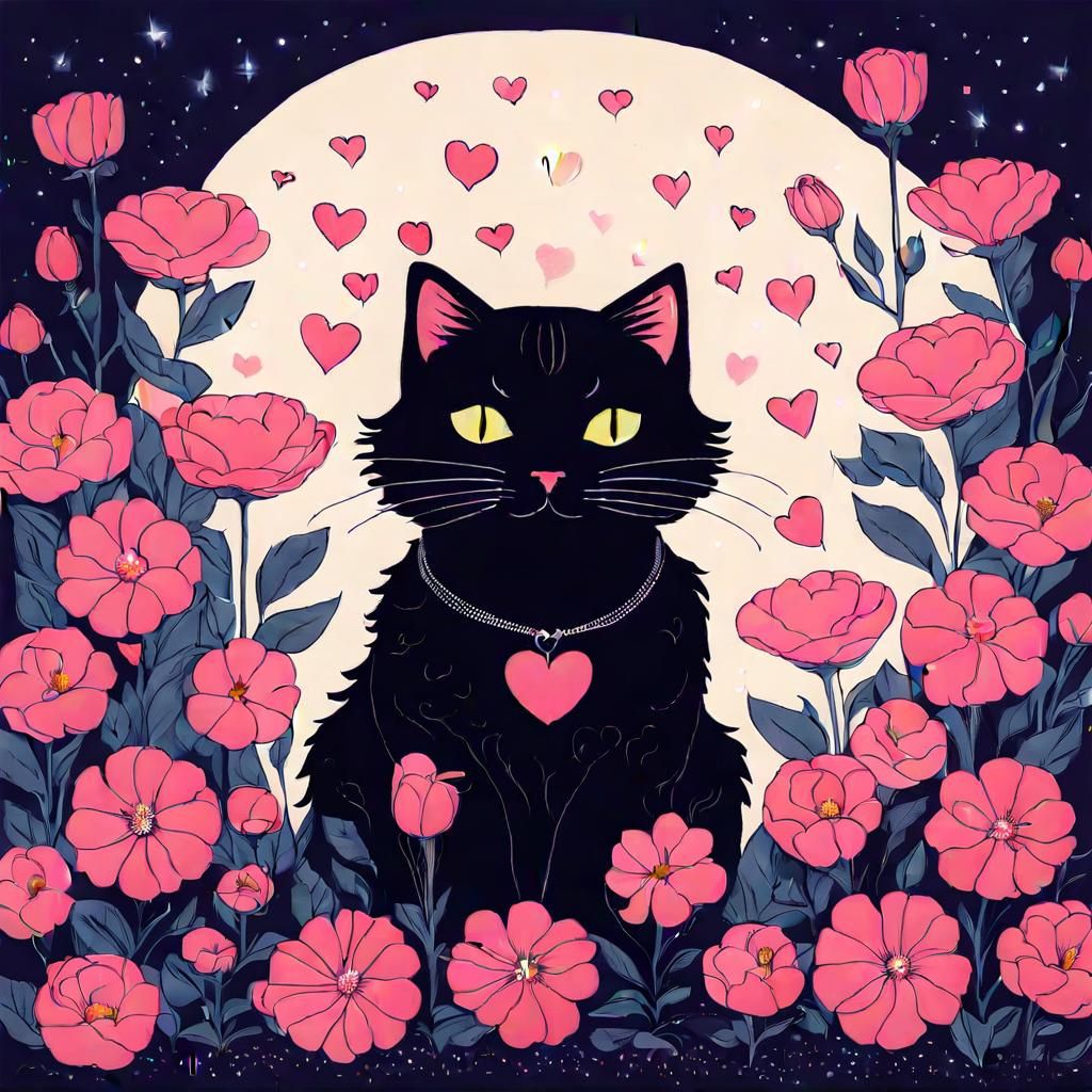 Cat on Pillow Surrounded by Flowers and Heart Lights